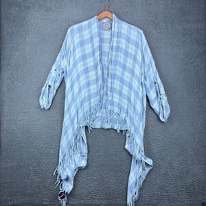 LR‎ Blue White Plaid Fringe Hem Open Front Kimono Cardigan Wrap Top Women OS